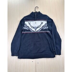 Chaps Sweater Mens Medium Navy White Chaps Deer Stag Buck Mock Neck‎ Quarter Zip